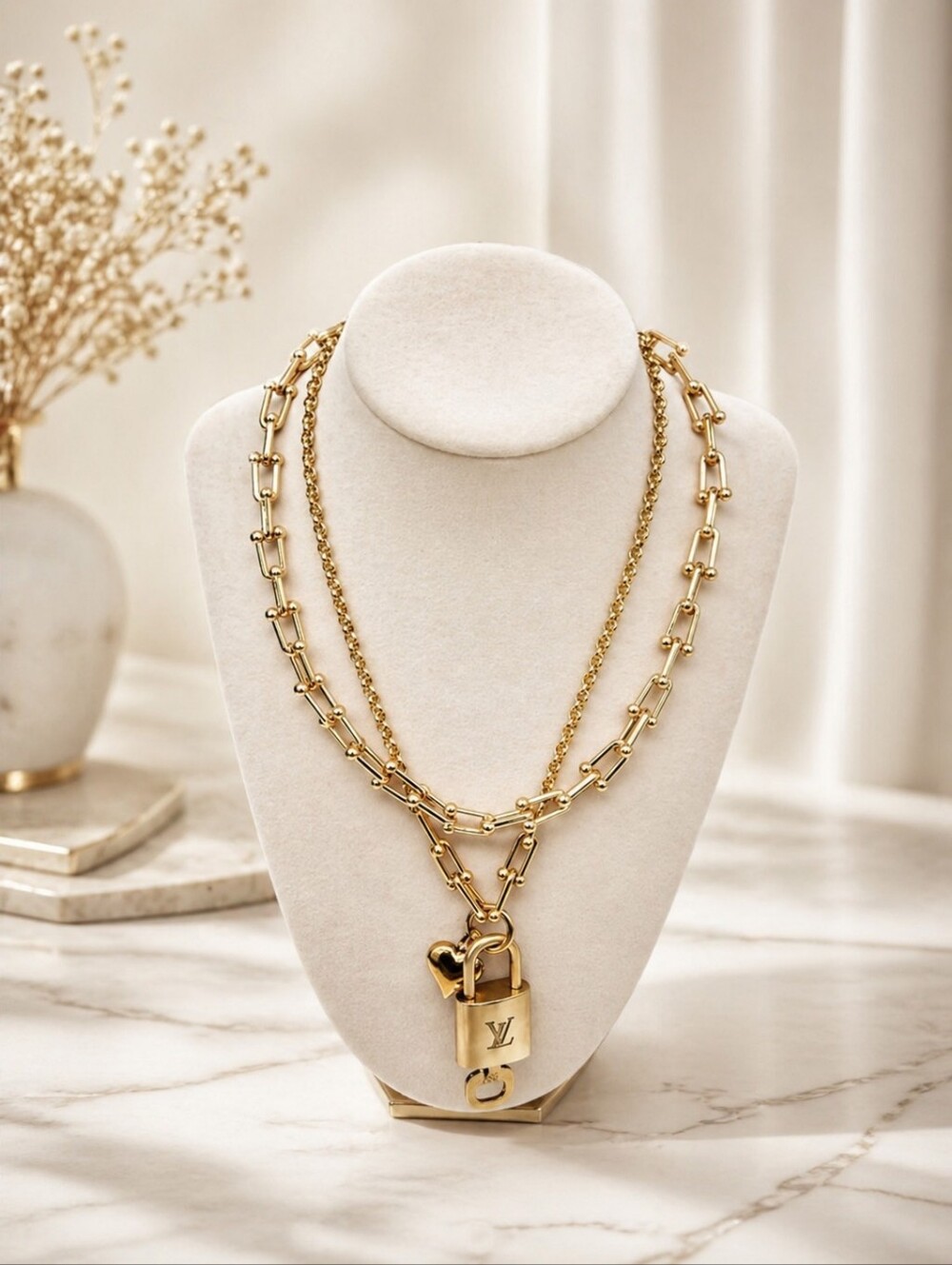 Authentic Louis Vuitton Gold Padlock w/ Unbranded Fashion Stainless Steel Chain